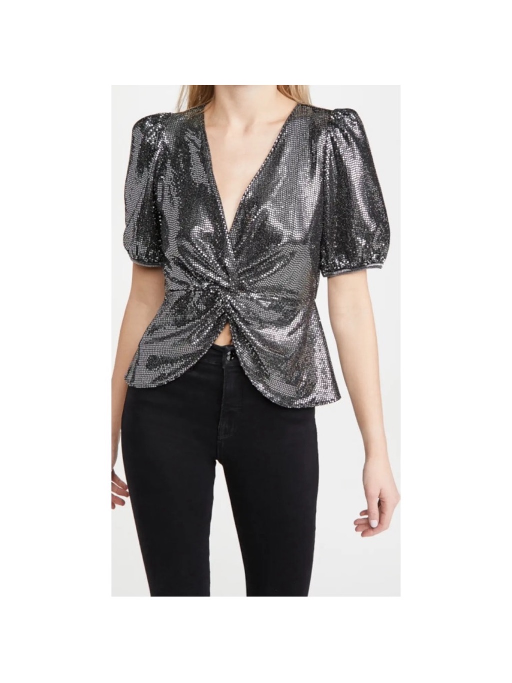 Revolve Saylor Silver Sequin Twist-Peplum Puff Sleeve Top